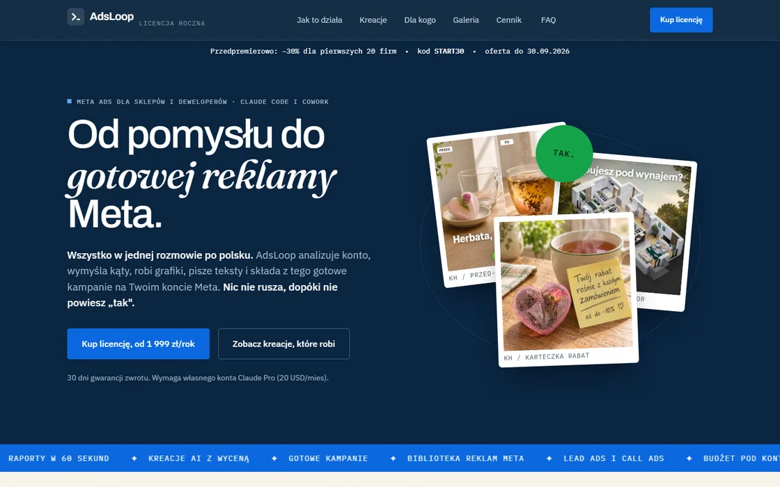 Strona AdsLoop z kreacjami reklamowymi