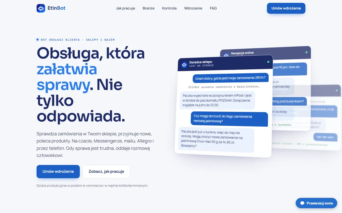 Strona EtinBOT z przykładową rozmową bota