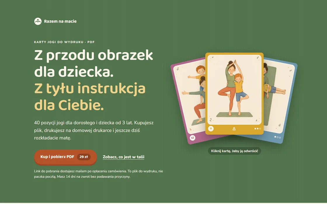Strona Razem na macie z kartami jogi